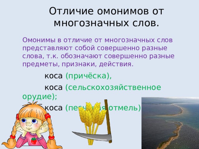 Отличие омонимов от многозначных слов. Омонимы в отличие от многозначных слов представляют собой совершенно разные слова, т.к. обозначают совершенно разные предметы,  признаки,  действия.   коса (причёска),  коса (сельскохозяйственное орудие);   коса  (песчаная отмель) 
