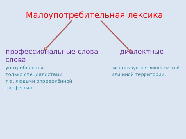 Малоупотребительная лексика профессиональные слова диалектные слова употребляются используются лишь на той только специалистами или иной территории. т.е. людьми определённой профессии. 