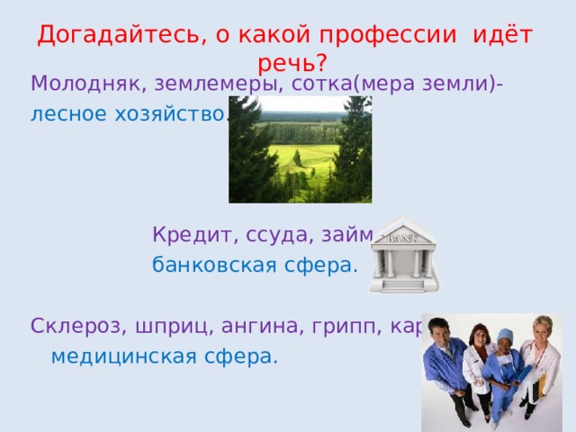 Догадайтесь, о какой профессии идёт речь? Молодняк, землемеры, сотка(мера земли)- лесное хозяйство .  Кредит, ссуда, займ –  банковская сфера. Склероз, шприц, ангина, грипп, кариес -  медицинская сфера. 