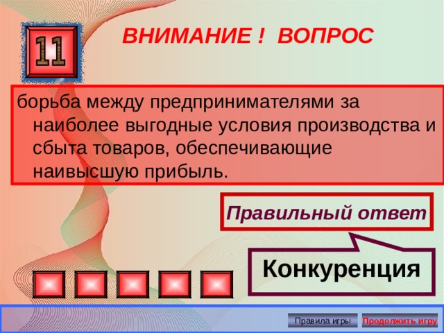 Конкуренция ВНИМАНИЕ ! ВОПРОС борьба между предпринимателями за наиболее выгодные условия производства и сбыта товаров, обеспечивающие наивысшую прибыль. Правильный ответ Правила игры Продолжить игру 