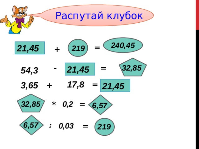 Распутай клубок 240,45 21,45 = 219 + - 32,85 = 21,45 54,3 17,8 = 3,65 + 21,45 0,2 32,85 = * 6,57 6,57 : 0,03 = 219 