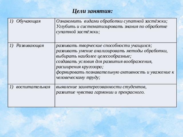 Цели занятия: Обучающая Ознакомить видами обработки супатной застёжки; Развивающая Углубить и систематизировать знания по обработке супатной застёжки; развивать творческие способности учащихся; воспитательная развивать умение анализировать методы обработки, выбирать наиболее целесообразные; выявление заинтересованности студентов, создавать условия для развития воображения, расширения кругозора; развитие чувства гармонии и прекрасного. формировать познавательную активность и уважение к человеческому труду; 