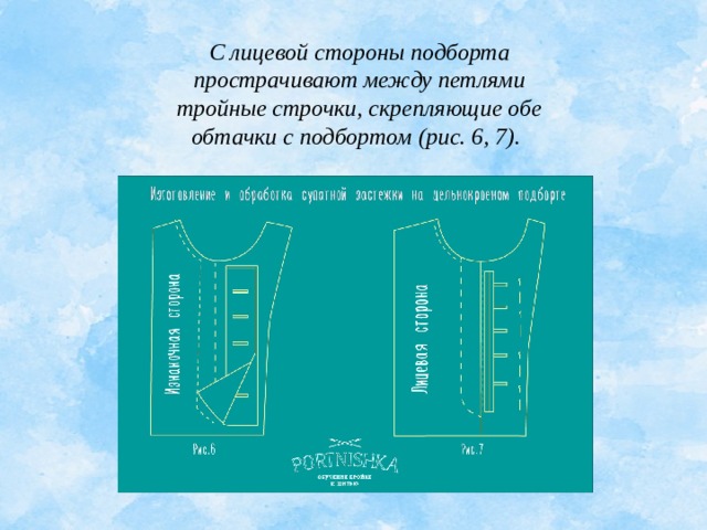С лицевой стороны подборта прострачивают между петлями тройные строчки, скрепляющие обе обтачки с подбортом (рис. 6, 7).  