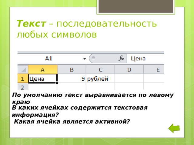Текст – последовательность любых символов По умолчанию текст выравнивается по левому краю В каких ячейках содержится текстовая информация? Какая ячейка является активной? 