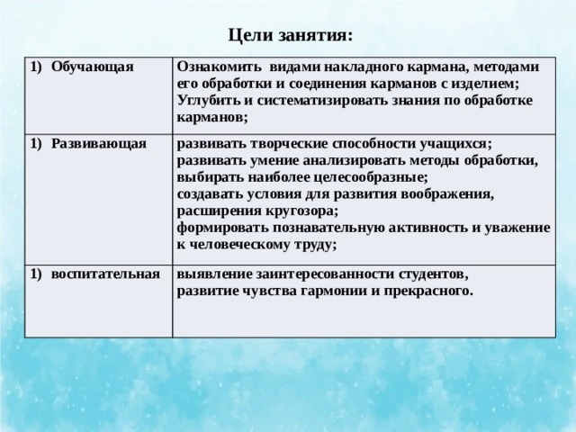 Цели занятия: Обучающая Ознакомить видами накладного кармана, методами его обработки и соединения карманов с изделием; Развивающая Углубить и систематизировать знания по обработке карманов; развивать творческие способности учащихся; воспитательная развивать умение анализировать методы обработки, выбирать наиболее целесообразные; выявление заинтересованности студентов, создавать условия для развития воображения, расширения кругозора; развитие чувства гармонии и прекрасного. формировать познавательную активность и уважение к человеческому труду; 