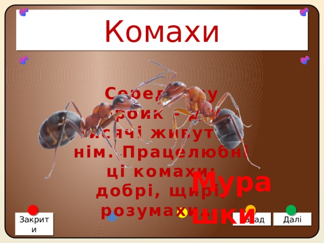 Комахи Серед лісу горбик – дім, тисячі живуть у нім. Працелюбні ці комахи: добрі, щирі, розумахи… Мурашки Закрити Назад Далі 