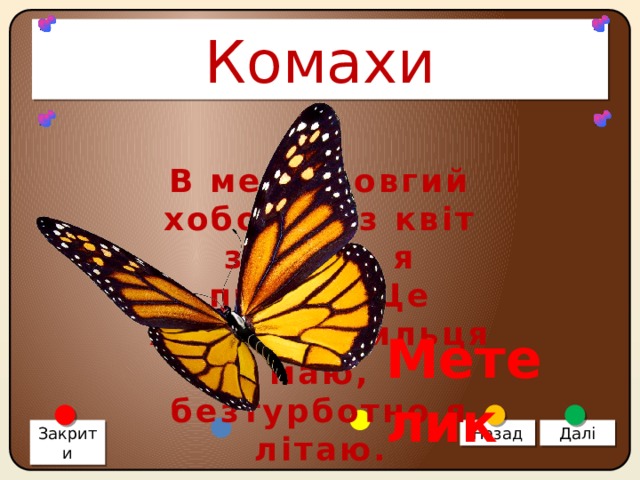 Комахи В мене довгий хоботок, з квіт збираю я пилок. Ще яскраві крильця маю, безтурботно я літаю. Метелик Закрити Назад Далі 