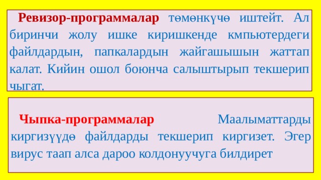 Ревизор-программалар  төмөнкүчө иштейт. Ал биринчи жолу ишке киришкенде кмпьютердеги файлдардын, папкалардын жайгашышын жаттап калат. Кийин ошол боюнча салыштырып текшерип чыгат. Чыпка-программалар  Маалыматтарды киргизүүдө файлдарды текшерип киргизет. Эгер вирус таап алса дароо колдонуучуга билдирет 