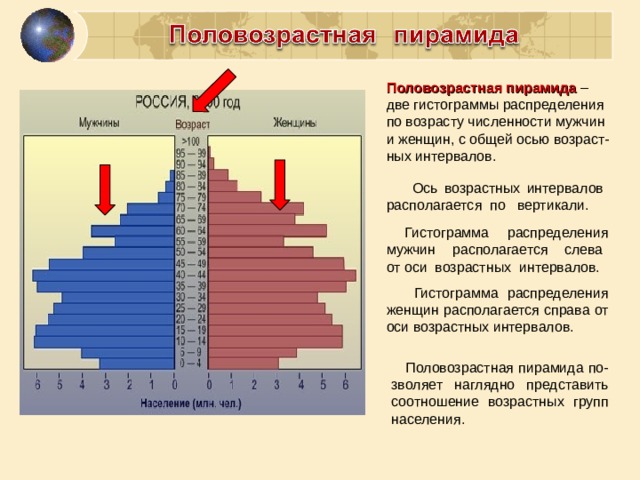 Половозрастная пирамида – две гистограммы распределения по возрасту численности мужчин и женщин, с общей осью возраст-ных интервалов.  Ось возрастных интервалов располагается по вертикали.  Гистограмма распределения мужчин располагается слева от оси возрастных интервалов.  Гистограмма распределения женщин располагается справа от оси возрастных интервалов.  Половозрастная пирамида по-зволяет наглядно представить соотношение возрастных групп населения. 