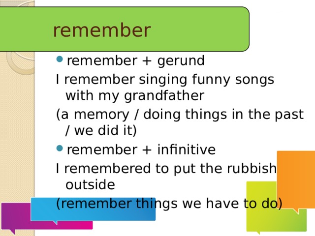 remember remember + gerund I remember singing funny songs with my grandfather (a memory / doing things in the past / we did it) remember + infinitive I remembered to put the rubbish outside (remember things we have to do) 