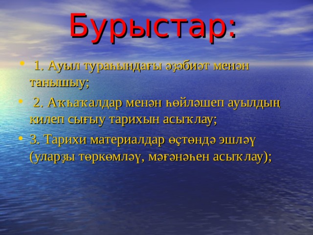 Бурыстар:   1. Ауыл тураһындағы әҙәбиәт менән танышыу;  2. Аҡһаҡалдар менән һөйләшеп ауылдың килеп сығыу тарихын асыҡлау; 3. Тарихи материалдар өҫтөндә эшләү (уларҙы төркөмләү, мәғәнәһен асыҡлау);  