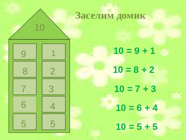 Заселим домик 10 10 = 9 + 1 1 9 10 = 8 + 2 2 8 10 = 7 + 3 7 3 6 4 10 = 6 + 4 5 5 10 = 5 + 5  