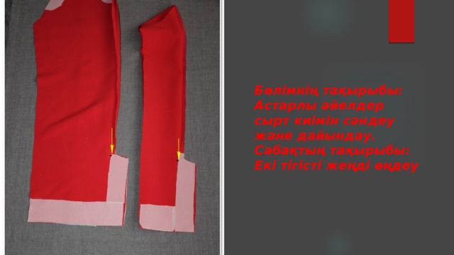 Бөлімнің тақырыбы: Астарлы әйелдер сырт киімін сәндеу және дайындау.  Сабақтың тақырыбы: Екі тігісті жеңді өңдеу 