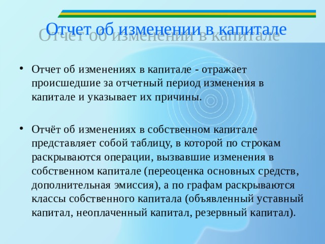 Отчет об изменении в капитале    Отчет об изменениях в капитале -  отражает происшедшие за отчетный период изменения в капитале и указывает их причины. Отчёт об изменениях в собственном капитале представляет собой таблицу, в которой по строкам раскрываются операции, вызвавшие изменения в собственном капитале (переоценка основных средств, дополнительная эмиссия), а по графам раскрываются классы собственного капитала (объявленный уставный капитал, неоплаченный капитал, резервный капитал).  