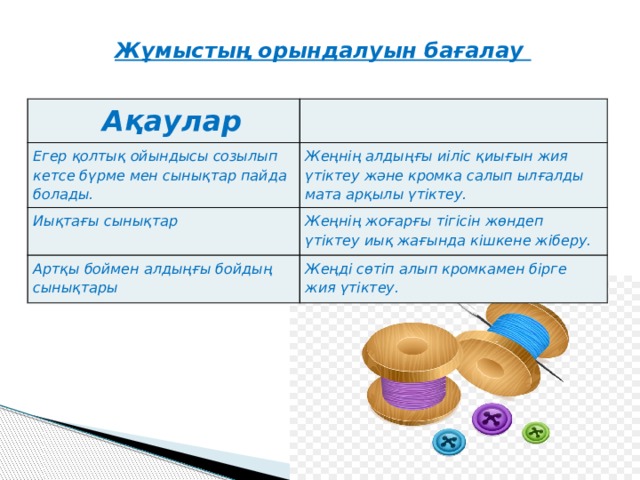Жұмыстың орындалуын бағалау  Ақаулар Егер қолтық ойындысы созылып кетсе бүрме мен сынықтар пайда болады. Жеңнің алдыңғы иіліс қиығын жия үтіктеу және кромка салып ылғалды мата арқылы үтіктеу. Иықтағы сынықтар Жеңнің жоғарғы тігісін жөндеп үтіктеу иық жағында кішкене жіберу. Артқы боймен алдыңғы бойдың сынықтары Жеңді сөтіп алып кромкамен бірге жия үтіктеу. 