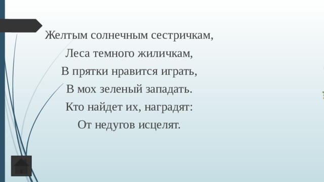 Желтым солнечным сестричкам, Леса темного жиличкам, В прятки нравится играть, В мох зеленый западать. Кто найдет их, наградят: От недугов исцелят. 