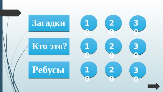 Загадки 30 20 10 Кто это? 20 10 30 Ребусы 20 10 30 3 