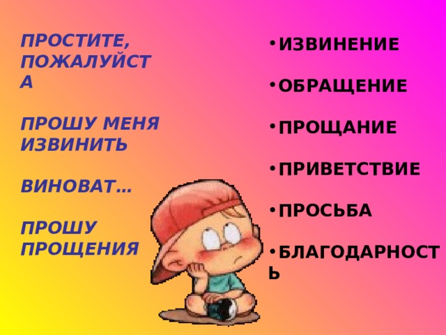 ПРОСТИТЕ, ПОЖАЛУЙСТА  ПРОШУ МЕНЯ ИЗВИНИТЬ  ВИНОВАТ…  ПРОШУ ПРОЩЕНИЯ ИЗВИНЕНИЕ  ОБРАЩЕНИЕ  ПРОЩАНИЕ  ПРИВЕТСТВИЕ  ПРОСЬБА  БЛАГОДАРНОСТЬ 