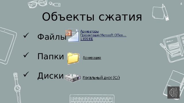 1 Объекты сжатия Файлы Папки Диски