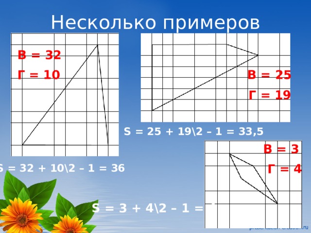 Несколько примеров В = 32 В = 25 Г = 10 Г = 19 S = 25 + 19\2 – 1 = 33,5 В = 3 Г = 4 S = 32 + 10\2 – 1 = 36 S = 3 + 4\2 – 1 = 4 