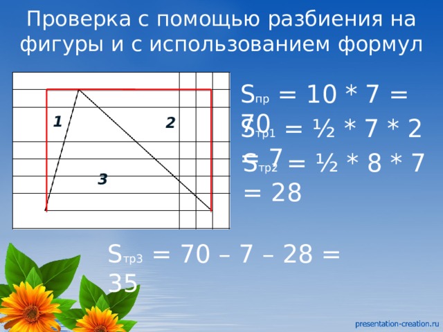 Проверка с помощью разбиения на фигуры и с использованием формул S пр = 10 * 7 = 70 1 S тр1 = ½ * 7 * 2 = 7 2 S тр2 = ½ * 8 * 7 = 28 3 S тр3 = 70 – 7 – 28 = 35 