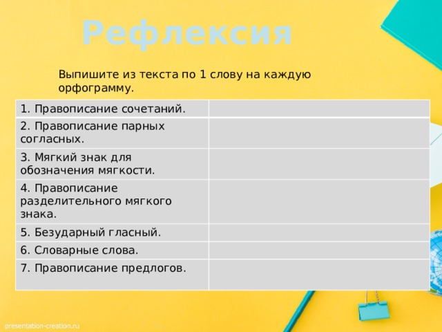 Рефлексия Выпишите из текста по 1 слову на каждую орфограмму. 1. Правописание сочетаний. 2. Правописание парных согласных. 3. Мягкий знак для обозначения мягкости. 4. Правописание разделительного мягкого знака. 5. Безударный гласный. 6. Словарные слова. 7. Правописание предлогов. 