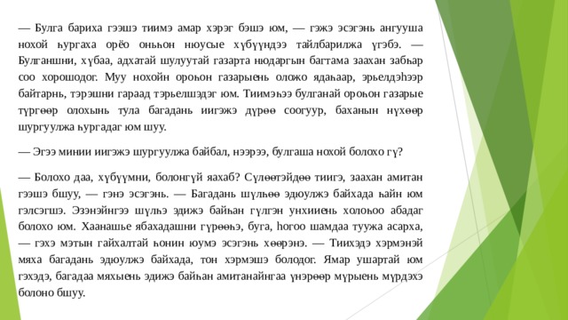 — Булга бариха гээшэ тиимэ амар хэрэг бэшэ юм, — гэжэ эсэгэнь ангууша нохой һургаха орёо оньһон нюусые хүбүүндээ тайлбарилжа үгэбэ. — Булганшни, хүбаа, адхатай шулуутай газарта нюдаргын багтама заахан забһар соо хорошодог. Муу нохойн ороһон газарыень оложо ядаһаар, эрьелдэhээр байтарнь, тэрэшни гараад тэрьелшэдэг юм. Тиимэһээ булганай ороһон газарые түргөөр олохынь тула багадань иигэжэ дүрөө соогуур, баханын нүхөөр шургуулжа һургадаг юм шуу. — Эгээ минии иигэжэ шургуулжа байбал, нээрээ, булгаша нохой болохо гү? — Болохо даа, хүбүүмни, болонгүй яахаб? Сүлөөтэйдөө тиигэ, заахан амитан гээшэ бшуу, — гэнэ эсэгэнь. — Багадань шүлһөө эдюулжэ байхада һайн юм гэлсэгшэ. Эзэнэйнгээ шүлһэ эдижэ байһан гүлгэн унхииень холоһоо абадаг болохо юм. Хаанашье ябахадашни гүрөөһэ, буга, hогоо шамдаа туужа асарха, — гэхэ мэтын гайхалтай һонин юумэ эcэгэнь хөөрэнэ. — Тиихэдэ хэрмэнэй мяха багадань эдюулжэ байхада, тон хэрмэшэ болодог. Ямар ушартай юм гэхэдэ, багадаа мяхыень эдижэ байһан амитанайнгаа үнэрөөр мүрыень мүрдэхэ болоно бшуу. 