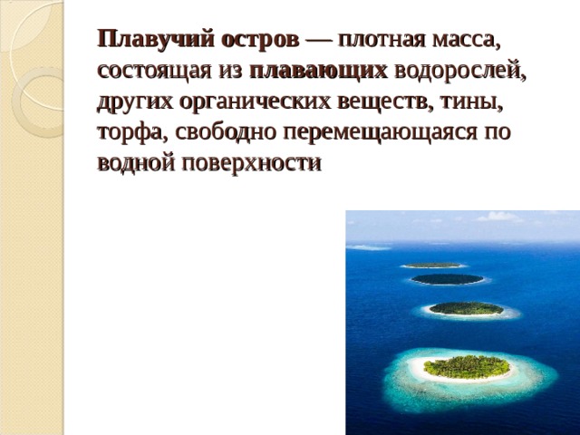 Плавучий   остров  — плотная масса, состоящая из  плавающих водорослей, других органических веществ, тины, торфа, свободно перемещающаяся по водной поверхности 