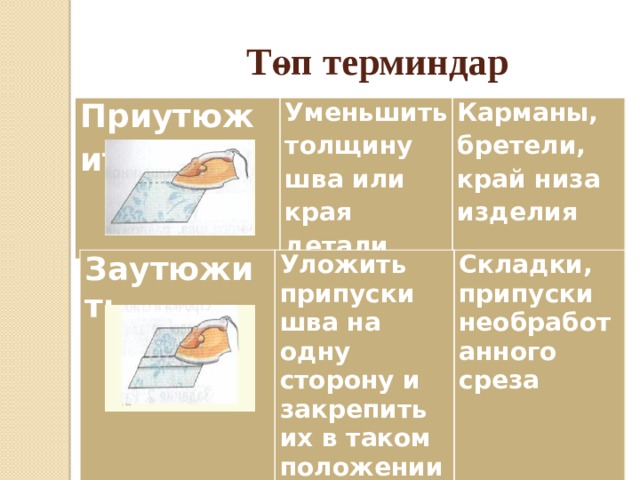 Төп терминдар Приутюжить  Уменьшить толщину шва или края детали Карманы, бретели, край низа изделия Заутюжить Уложить припуски шва на одну сторону и закрепить их в таком положении Складки, припуски необработанного среза 