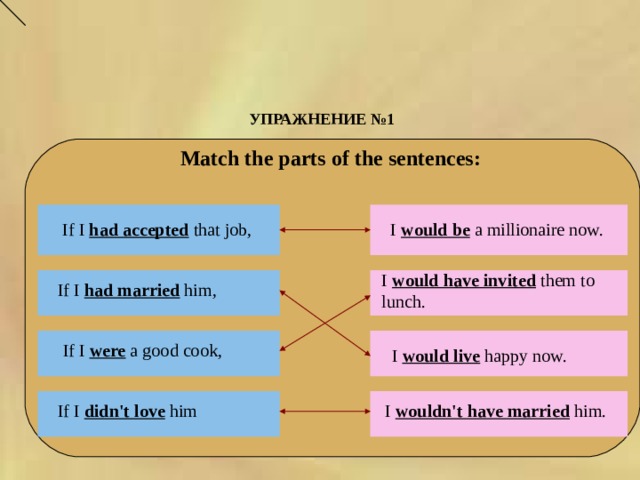 УПРАЖНЕНИЕ №1      Match the parts of the sentences:   If I had accepted that job,  I would be a millionaire now.  I would have invited them to lunch.  If I had married him,  If I were a good cook, I would live happy now.    If I didn't love him  I wouldn't have married him.  