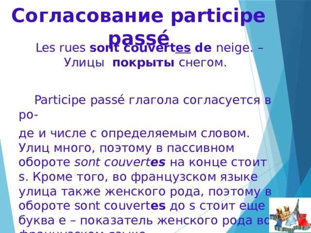 Согласование participe passé  Les rues sont couvert es  de neige. – Улицы покрыты снегом.  Participe passé глагола согласуется в ро- де и числе с определяемым словом. Улиц много, поэтому в пассивном обороте sont couvert еs   на конце стоит s. Кроме того, во французском языке улица также женского рода, поэтому в обороте sont couvert еs до s стоит еще буква е – показатель женского рода во французском языке. 