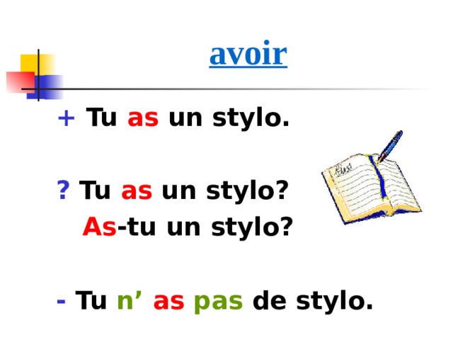 avoir + Tu as un stylo.  ? Tu as un stylo?  As - tu  un stylo?  - Tu  n’ as pas de stylo. 