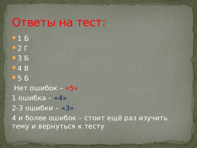 Ответы на тест: 1 Б 2 Г 3 Б 4 В 5 Б  Нет ошибок – «5» 1 ошибка – «4» 2-3 ошибки – «3» 4 и более ошибок – стоит ещё раз изучить тему и вернуться к тесту 