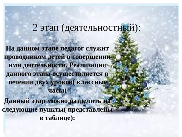 2 этап (деятельностный):  На данном этапе педагог служит проводником детей в совершении ими деятельности. Реализация данного этапа осуществляется в течении двух уроков( классные часы) Данный этап можно разделить на следующие пункты( представлены в таблице): 