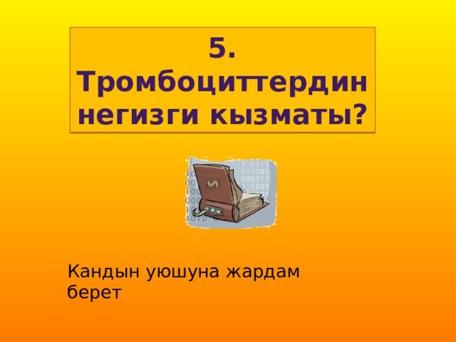 5. Тромбоциттердин негизги кызматы? Кандын уюшуна жардам берет 