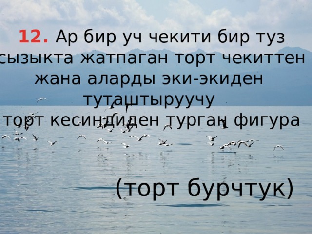 12. Ар бир уч чекити бир туз  сызыкта жатпаган торт чекиттен жана аларды эки-экиден туташтыруучу торт кесиндиден турган фигура (торт бурчтук) 