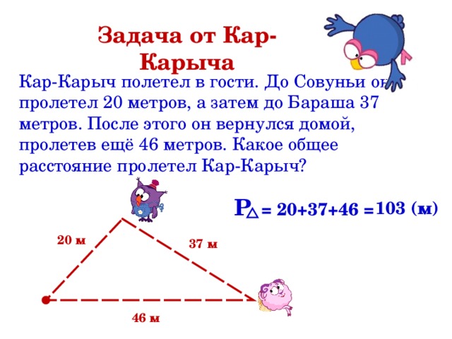 Задача от Кар-Карыча Кар-Карыч полетел в гости. До Совуньи он пролетел 20 метров, а затем до Бараша 37 метров. После этого он вернулся домой, пролетев ещё 46 метров. Какое общее расстояние пролетел Кар-Карыч? Р = 20+37+46 = 103 (м) 20 м 37 м 46 м 