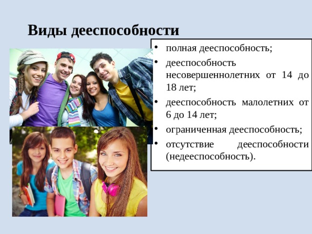 Виды дееспособности полная дееспособность; дееспособность несовершеннолетних от 14 до 18 лет; дееспособность малолетних от 6 до 14 лет; ограниченная дееспособность; отсутствие дееспособности (недееспособность). 