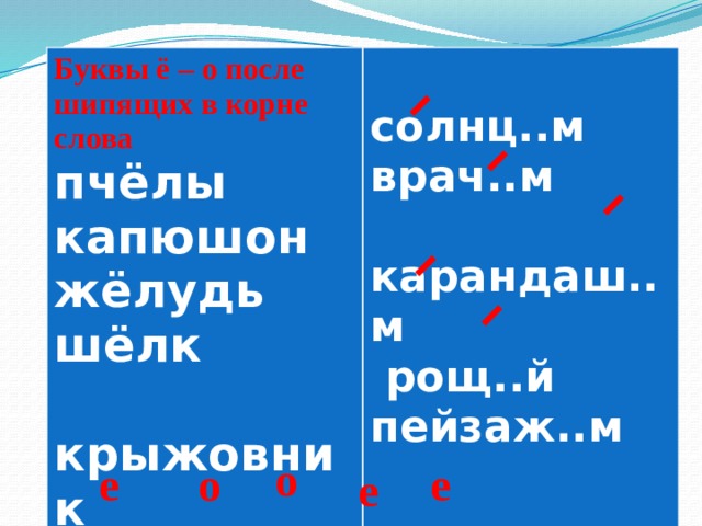 Буквы ё – о после шипящих в корне слова пчёлы капюшон жёлудь  шёлк солнц..м  крыжовник врач..м   карандаш..м  рощ..й пейзаж..м  Пч..лы, солнц..м, капюш..н, врач..м, ж..лудь, ш..лк, крыж..вник, карандаш..м, рощ..й о е о е е 