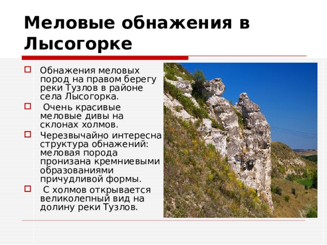 Меловые обнажения в Лысогорке Обнажения меловых пород на правом берегу реки Тузлов в районе села Лысогорка.  Очень красивые меловые дивы на склонах холмов. Черезвычайно интересна структура обнажений: меловая порода пронизана кремниевыми образованиями причудливой формы.  С холмов открывается великолепный вид на долину реки Тузлов. 