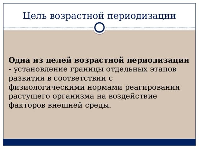 Цель возрастной периодизации   Одна из целей возрастной периодизации - установление границы отдельных этапов развития в соответствии с физиологическими нормами реагирования растущего организма на воздействие факторов внешней среды. 