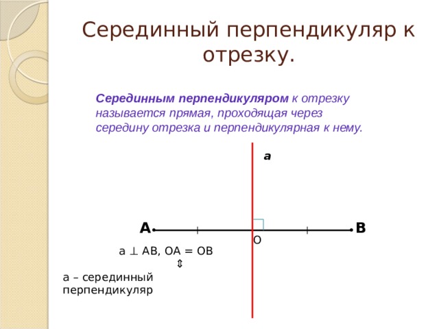 Серединный перпендикуляр к отрезку. Серединным перпендикуляром к отрезку называется прямая, проходящая через середину отрезка и перпендикулярная к нему. а А В • • О  а ⊥ АВ, ОА = ОВ ⇕ а – серединный перпендикуляр 