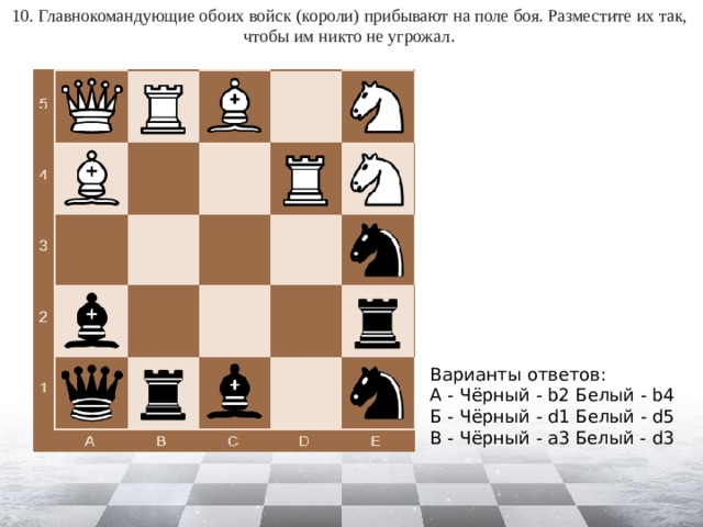 10. Главнокомандующие обоих войск (короли) прибывают на поле боя. Разместите их так, чтобы им никто не угрожал . Варианты ответов: А - Чёрный - b2 Белый - b4 Б - Чёрный - d1 Белый - d5 В - Чёрный - a3 Белый - d3 