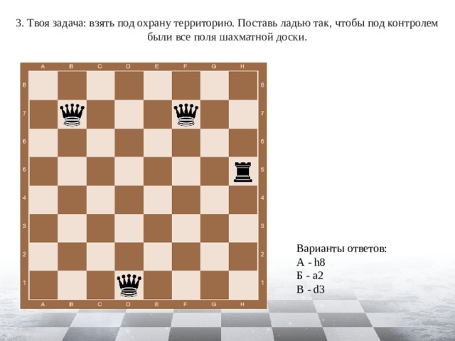 3. Твоя задача: взять под охрану территорию. Поставь ладью так, чтобы под контролем были все поля шахматной доски. Варианты ответов: А - h8 Б - a2 В - d3 