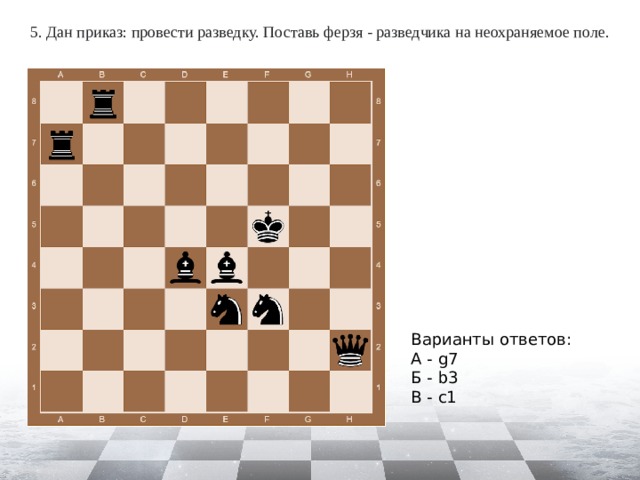 5. Дан приказ: провести разведку. Поставь ферзя - разведчика на неохраняемое поле. Варианты ответов: А - g7 Б - b3 В - c1 