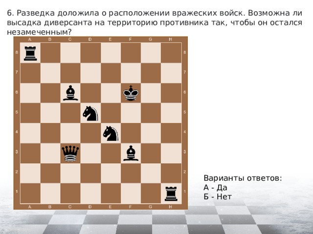 6. Разведка доложила о расположении вражеских войск. Возможна ли высадка диверсанта на территорию противника так, чтобы он остался незамеченным? Варианты ответов: А - Да Б - Нет 