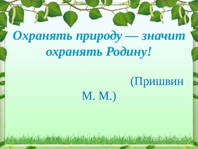 Охранять природу — значит охранять Родину!                         (Пришвин М. М.) 