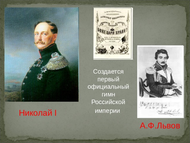 Создается первый официальный гимн Российской империи   Николай I  А.Ф.Львов 