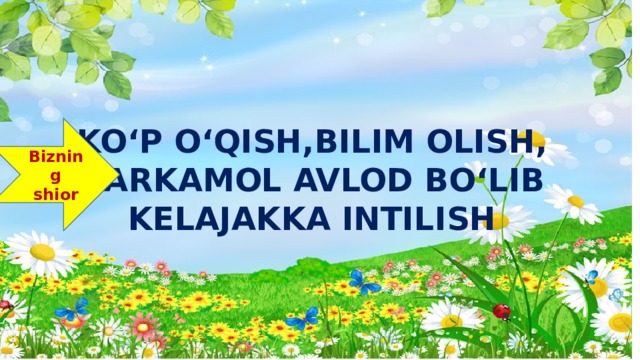 KO‘P O‘QISH,BILIM OLISH,  BARKAMOL AVLOD BO‘LIB  KELAJAKKA INTILISH Bizning shior 