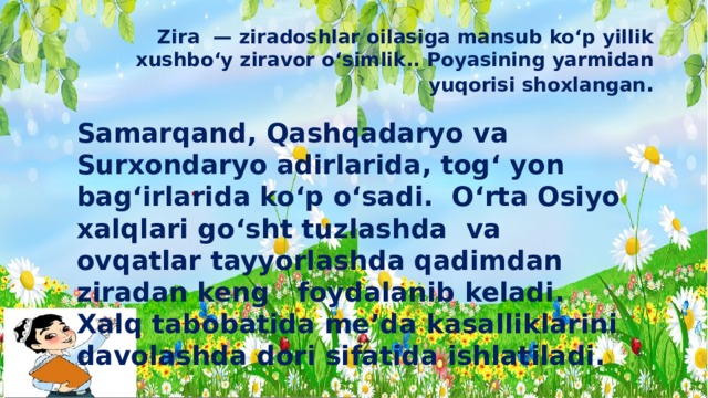 Zira — ziradoshlar oilasiga mansub koʻp yillik xushboʻy ziravor oʻsimlik.. Poyasining yarmidan yuqorisi shoxlangan . .  Samarqand, Qashqadaryo va Surxondaryo adirlarida, togʻ yon bagʻirlarida koʻp oʻsadi. Oʻrta Osiyo xalqlari goʻsht tuzlashda va ovqatlar tayyorlashda qadimdan ziradan keng foydalanib keladi. Xalq tabobatida meʼda kasalliklarini davolashda dori sifatida ishlatiladi. . 